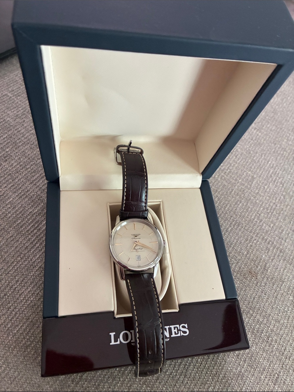 Longines Silver Dial Watch with Dark Brown Leather Strap